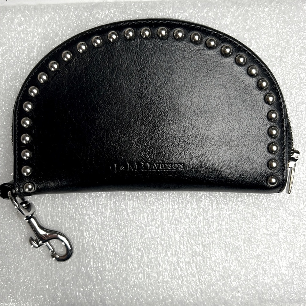 J&M Davidson SMALL ZIP AROUND PURSE WITH STUDS Leather Coin Case Wallet Black